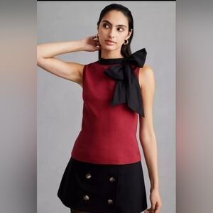 Anthropologie Red Ribbed Shell Top with Black Bow